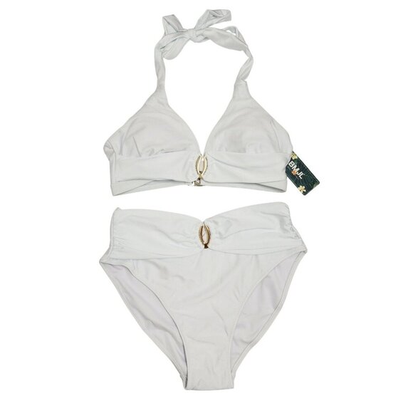 Two-Piece White High-Waisted Bikini Set Halter Tie Top Back Womens Size M - Picture 1 of 8